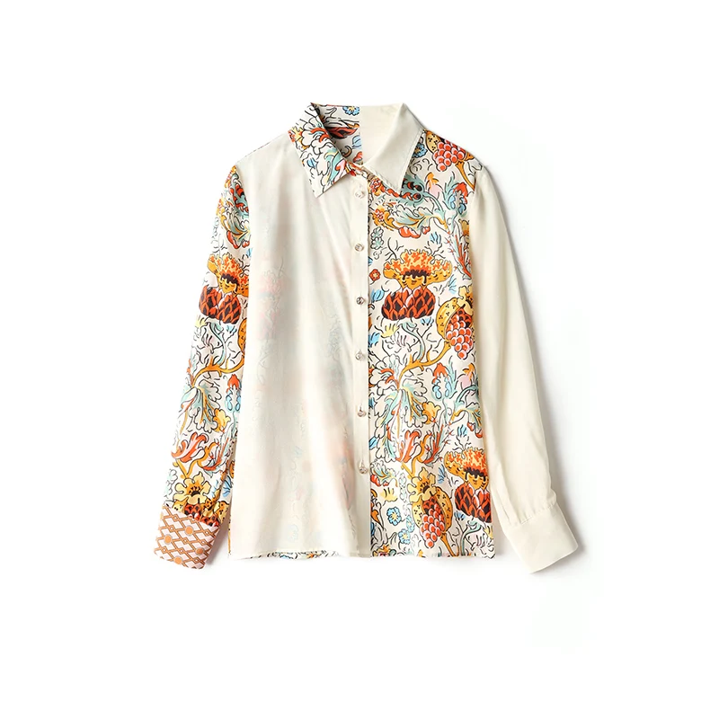 

luxury 100% silk blouse shirt 2020 spring summer women's new long sleeve floral retro printing stitching mulberry silk top