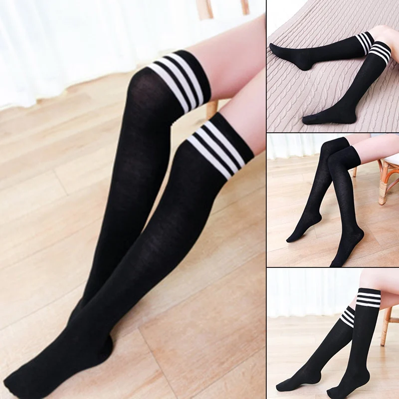 

Women Black Socks Stockings Black Striped Thigh High Over The Knee Long Socks Cotton Stockings Sexy Cosplay Student Stockings
