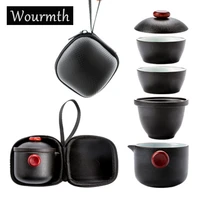 wourmth travel tea set quick cup simple black pottery mini one teapot two cups portable office filter tea cup kungfu teaware set