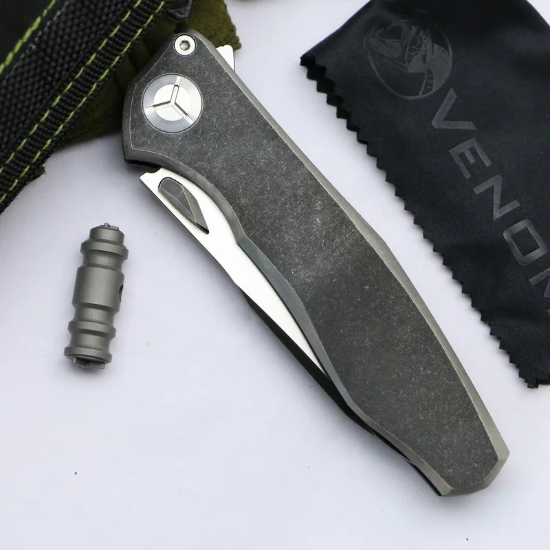 

Kevin John VENOM integrated wing black S35VN SOLID titanium fin folding knife ceramic ball bearing camping hunting EDC tools