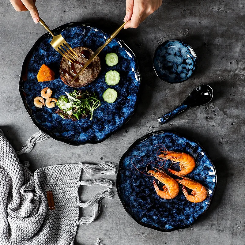 Ceramic Dinner Plates And Bowls Blue Dishes Creative Japanese Retro Kiln Changed Tableware Dinnerware Set Plate Platos De Cena | Дом и сад