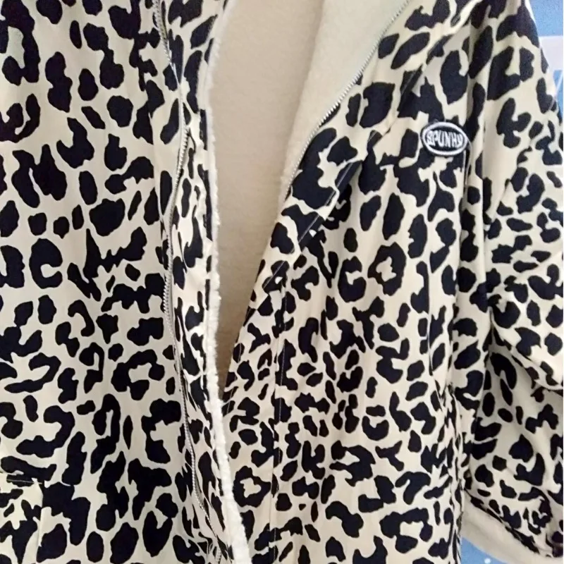 

Leopard Print Two Sides Motorcycle Jacket Faux Lamb Fur Kawaii Coat Teddy Fur Coat Fleece Parkas Harajuku Coats Cropped Stripeed