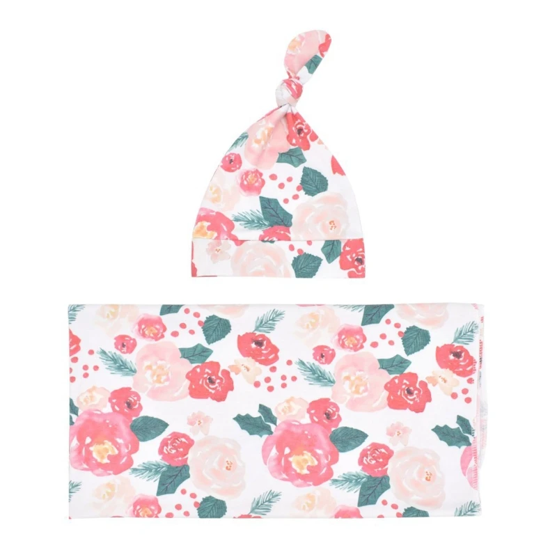 

2 Pcs Baby Floral Receiving Blanket+Beanie Cap Infants Swaddle Wrap Turban Hat L9CD