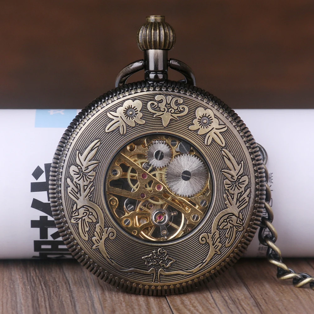 New Fashion Unique Self Wind Pocket Watch Bronze Pendant Retro Skeleton Mechanical Pocket Watch Women Men