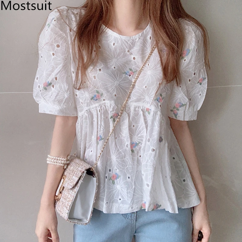 Корейские элегантные блузки с цветочной вышивкой женские рубашки пышными