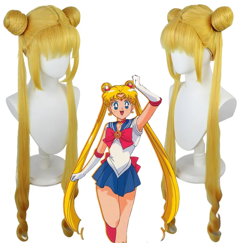 

New Sailor Moon Tsukino Usagi Long Curly Blonde Double Ponytail Synthetic Cosplay Wig For Girl's Costume Party