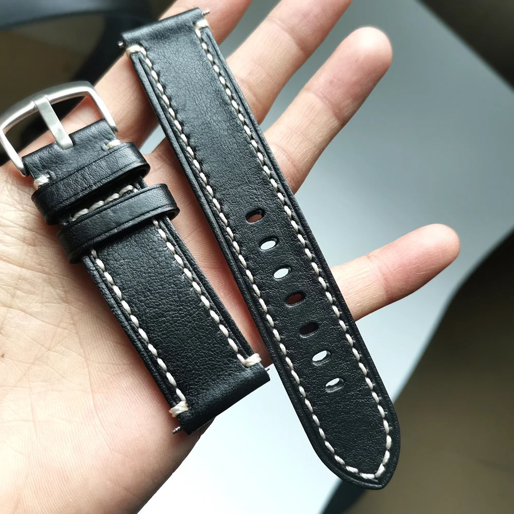 

Genuine Leather 18 19 20 21 22mm Men Black Watch Belt Handmade thick section Watch Strap Band Upscale texture Cowhide Watchbands