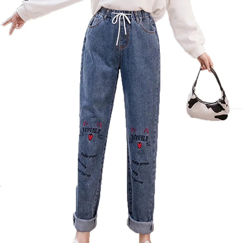 

Denim Cute Sweet Embroidery Pants Female High Waist Woman Plus Large Size Boyfriend Jeans For Women'S Clothing 2020 D0323