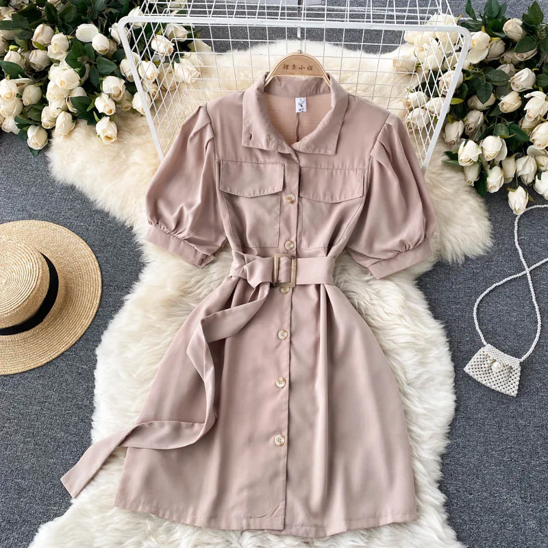 Женское однобортное платье трапеция корейское облегающее мини с коротким