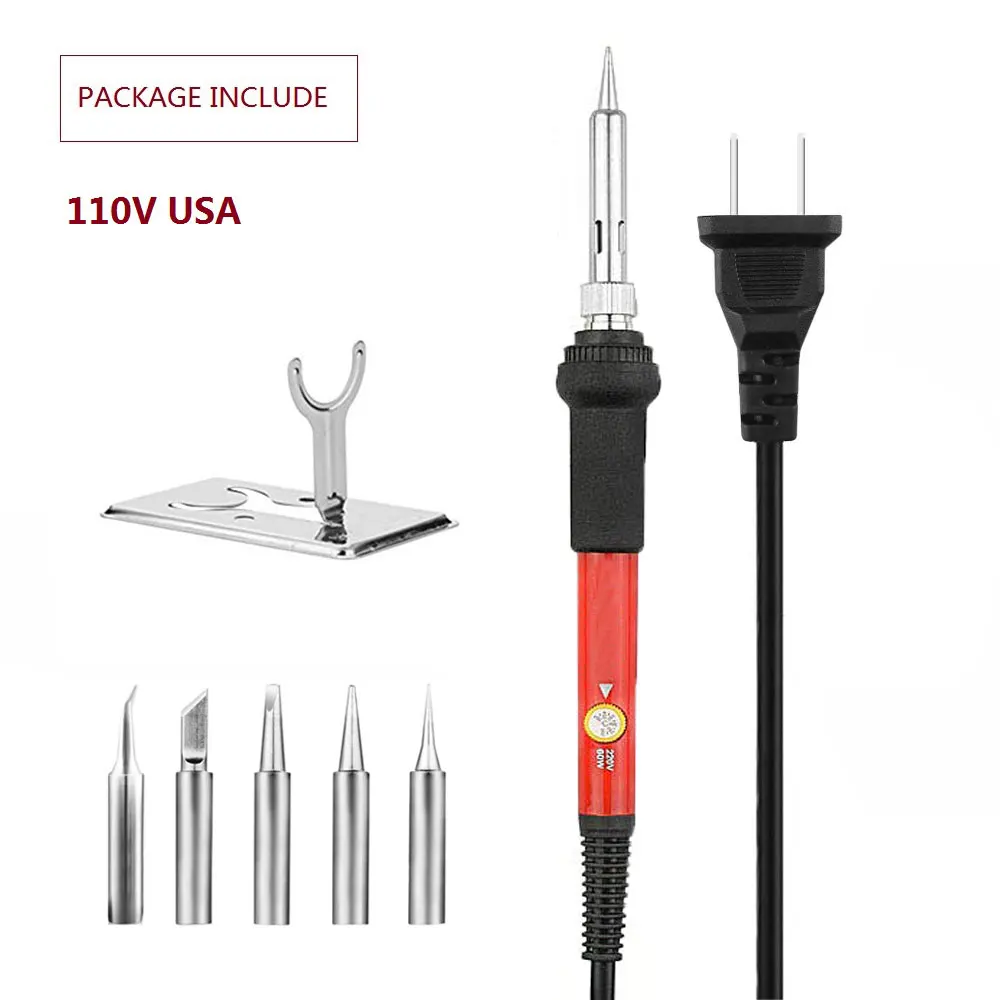 110V USA set-red Электрический паяльник с регулируемой температурой, 220 В, 110 В, 60 Вт, Сварочная наладочная станция для пайки, термокарандаш, набор инструментов для ремонта - Цвет: 110V USA set-red