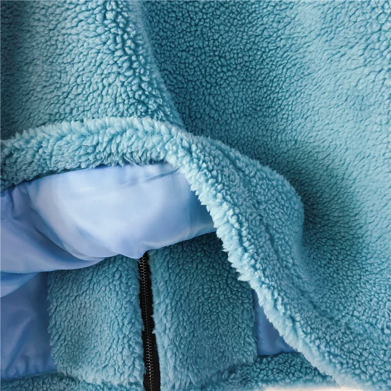 

Fake Lamb Fur Coats and Jackets Women Blue Oversized Long Coat 2020 New Stand Collar Zipper-up Loose Warm Winter Coat Women