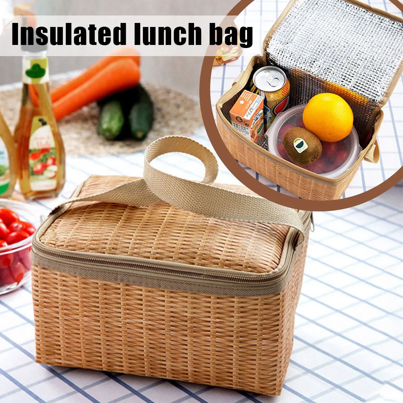 

Portable Lunch Bag Food Storage Home Outdoor School Picnic Portable Hiking Travel Imitited Rattan Print Camping Office Lunch Bag