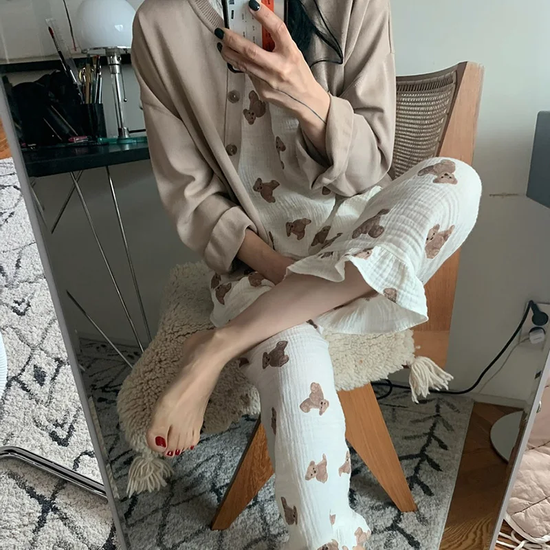 Sleeveless Cartoon Bear Summer Pajamas Set Women Korean Kawaii Tank Tops Pants Set Two Piece Sleepwear Home Suit Cotton Homewear