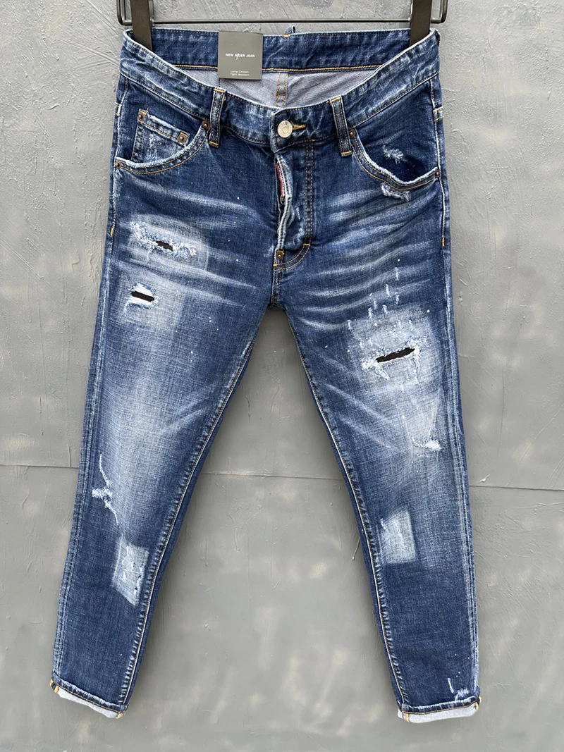 

2 pieces European style brand men Italy jeans pants Men Slim biker denim jeans straight trousers hole blue Pants jeans for men