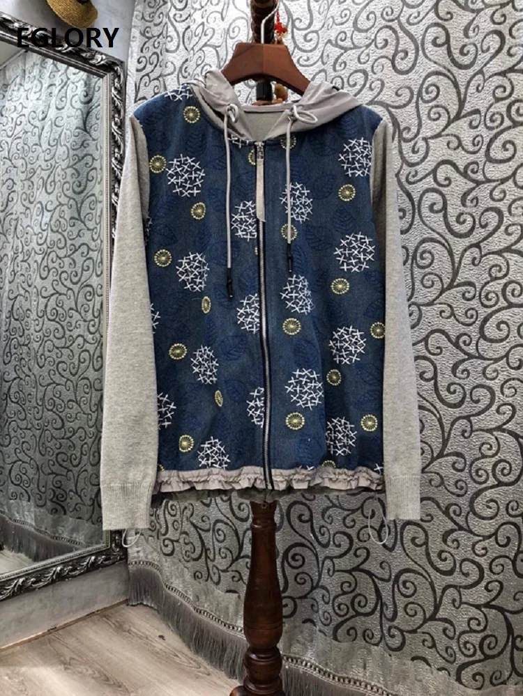 

Hooded Jacket 2020 Autumn Casual Tops Coat Women Snow Flower Embroidery Drawstring Waist Long Sleeve Grey Coat Jackets Outwear