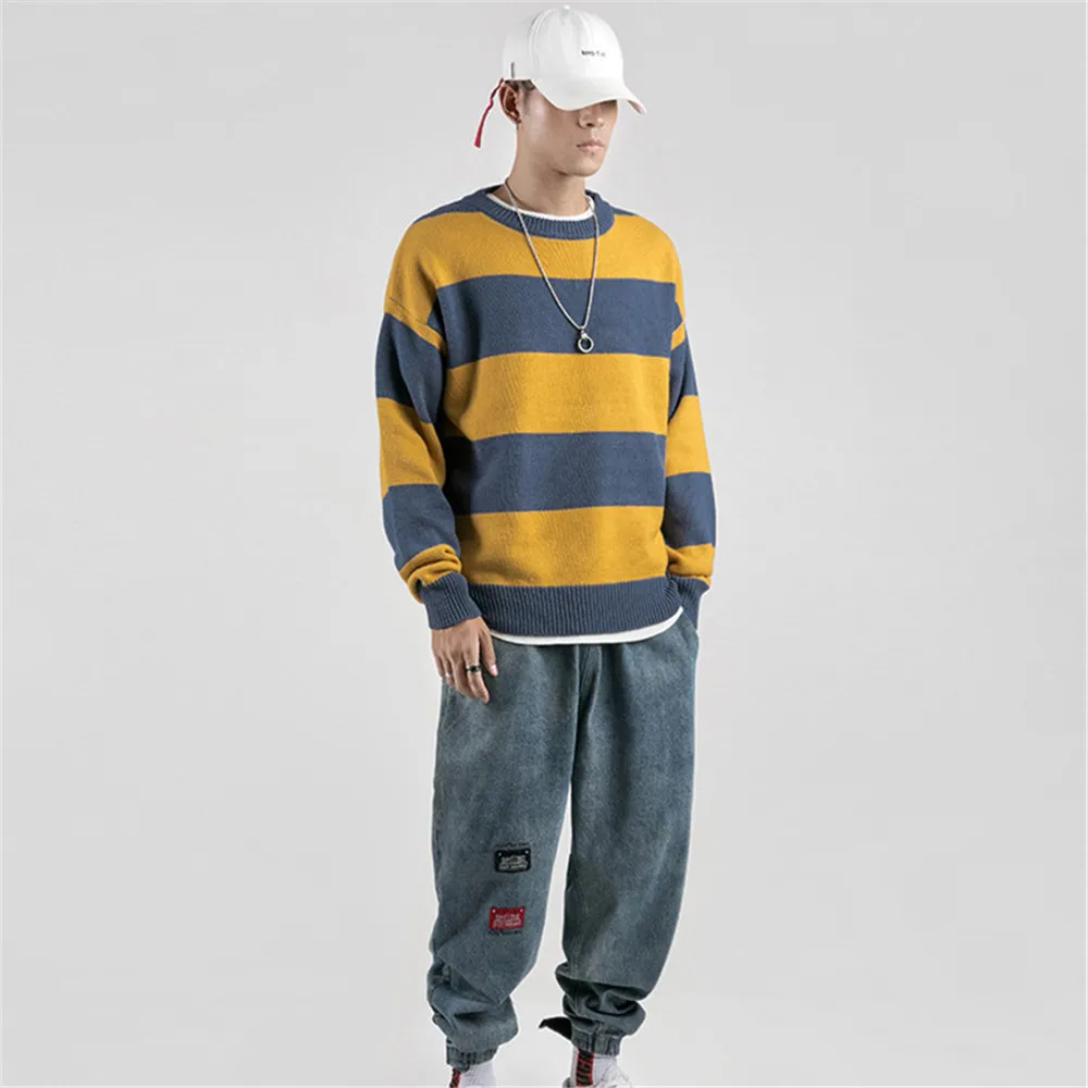 

Spring Casual Men Sweaters Long Sleeve Striped Hip Hop Hole Knitted Pullovers Man Streetwear Clothes Korean Style West Knitwear