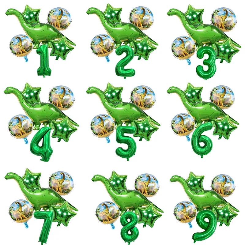 

6pcs/lot Green Tanystropheus Foil Balloons Boy Dinosaur Balloon with Number Balls Jurassic World Birthday Party Decorations Kids