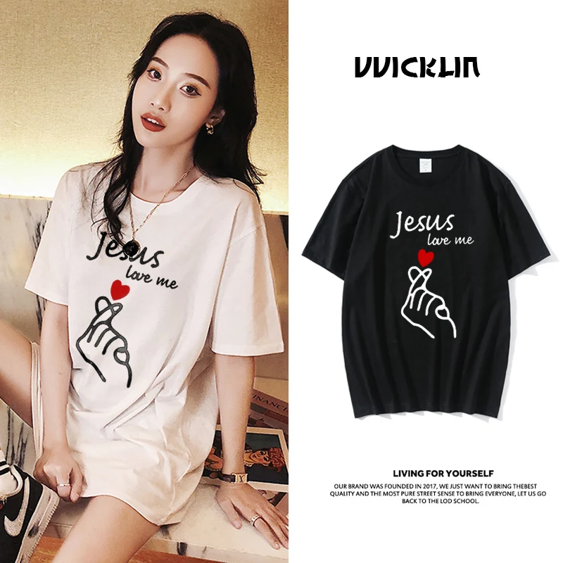 

Women's Summer Cotton Short Sleeve T Shirt Jesus Love Me Slogan Print T-shirt Female Oversized Kawaii Clothes Harajuku Tops