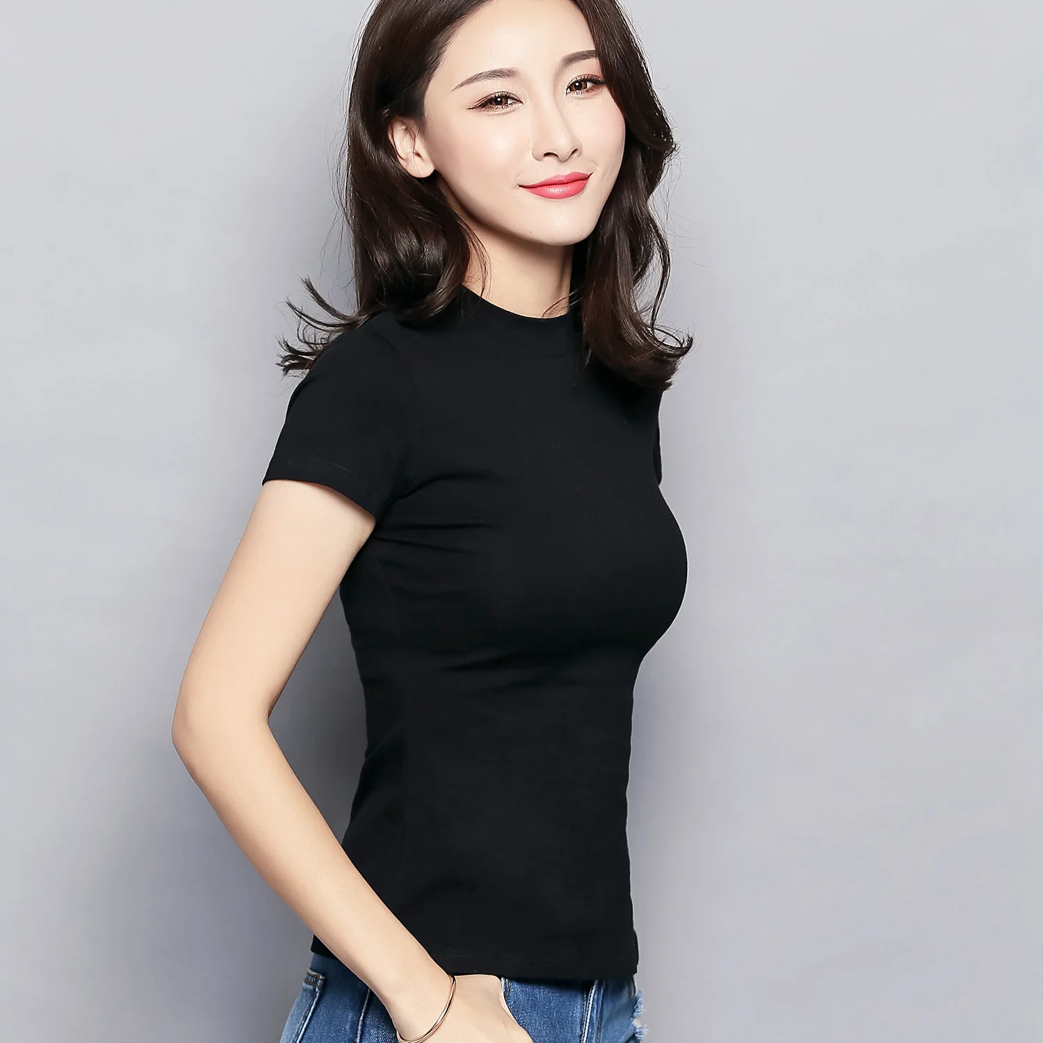 

MRMT 2022 Brand New Women's T Shirt Half High Collar Solid Color Short-sleeved T-shirt for Female Tops Tshirt
