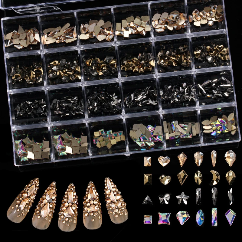 

480PCS 24Gird Nail Art Rhinestones Crystal Set 3D Decorations AB/Colorful Flat Bottom Mixed Shape 1PCS Free Pick Up Pen