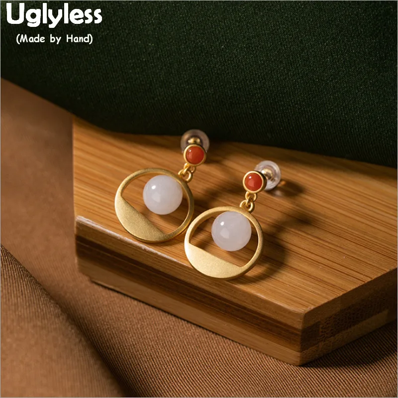 

Uglyless Moon on the Sea Natural Jade Earrings for Women Gold Plated Real 925 Silver Circle Earrings Agate Fine Jewelry E1797