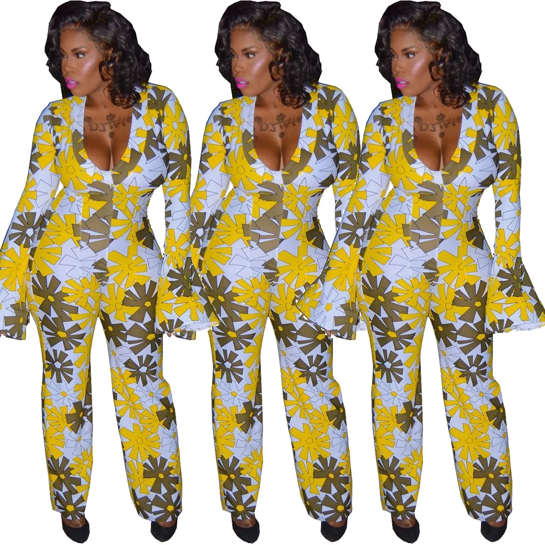 

Женские комбинезоны с глубоким V-образным вырезом, модные облегающие брюки с цветочным принтом и узкой талией и расклешенными рукавами, обл...