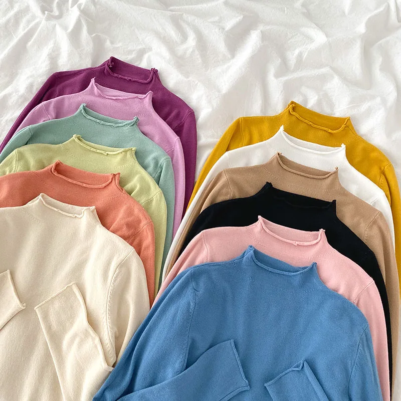 

Solid Knitted Women T-Shirts Autumn New 2021 Turtleneck Long-Sleeved Elegant Lady All Match Buttoming Pulls Tops