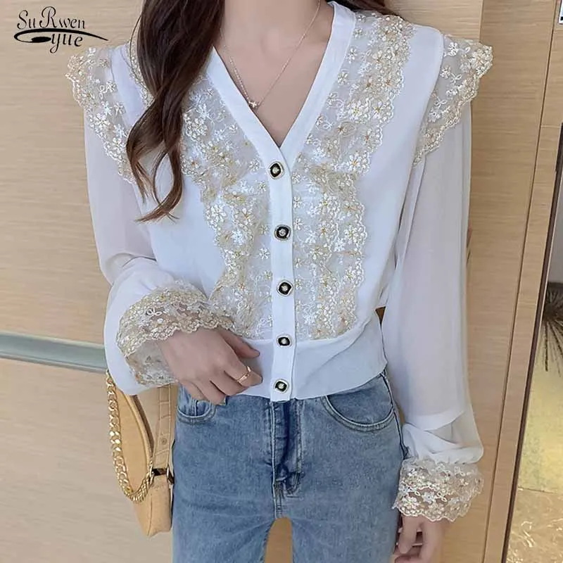 

Lace Stitching Korean Style Chic Button Shirt Long Sleeve Chiffon Blouse Women Early Autumn V-Neck Sweet Ladies Top Blusas 11300