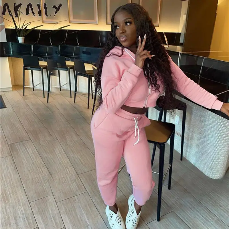 

Akaily Autumn Winter Pink 2 Two Piece Sets Tracksuit Women Outfits 2021 Sweatsuits For Women Cropped Hoodies And Long Pants Sets