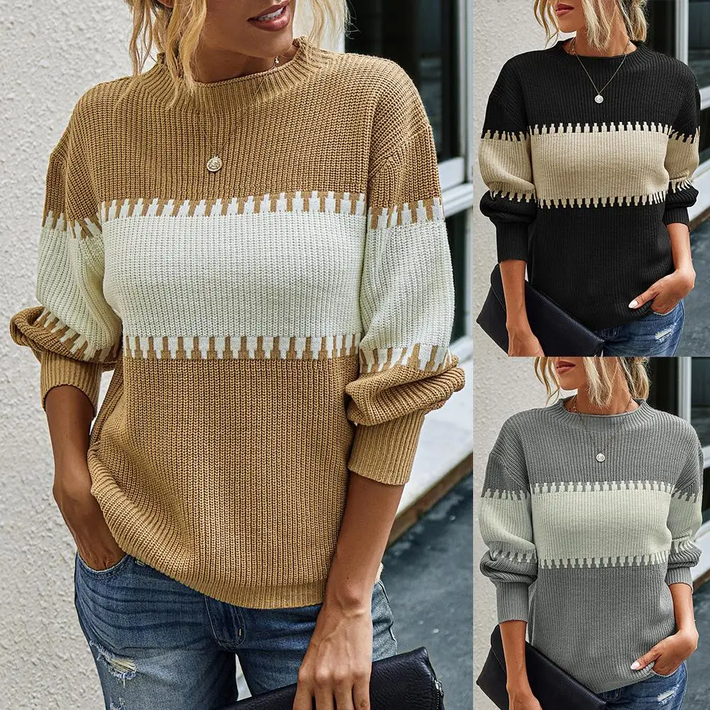 Women Autumn Winter-Jumper Pullover Color Block Long Puff Sleeve Knitted Sweater Patchwork femal winter outdoor sport streetwear | Женская