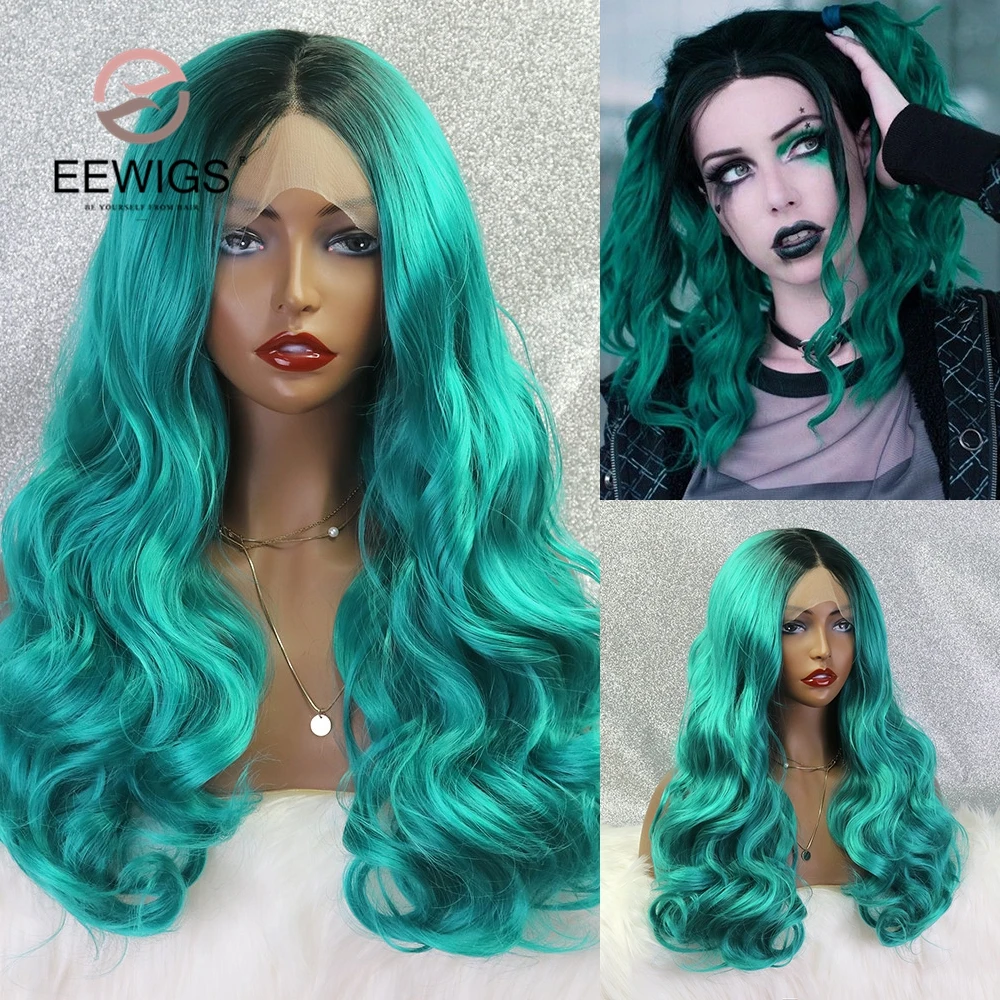 

EEWIG Hair Ombre Green Wig Synthetic Lace Front Wig High Temperature Fiber With Black Roots Wavy Cosplay Wigs For Black Women