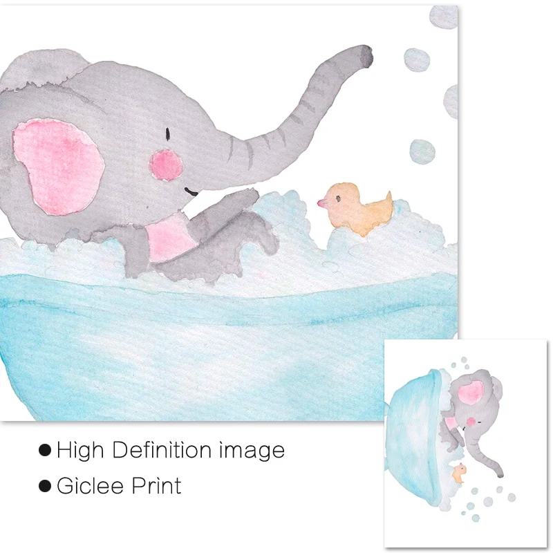 Настенная картина Слон в ванне для детской комнаты постер на холсте с