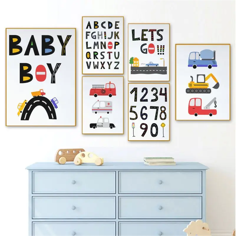 

Crane Tractor Bulldozer Posters Dream Quotes Canvas Print Wall Art Painting Cartoon Ambulance Car Picture Baby Kids Room Decor