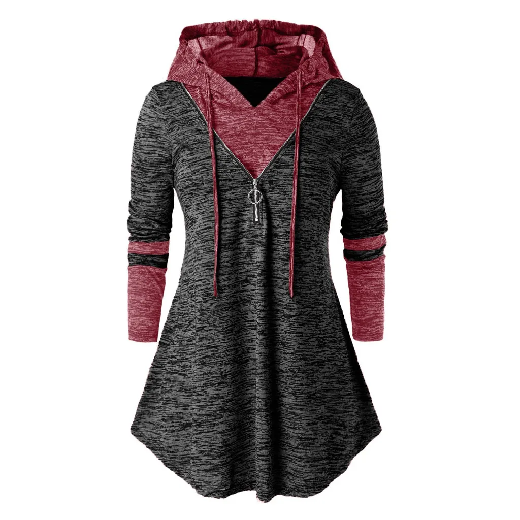 Женская блузка размера плюс с длинным рукавом капюшоном на молнии рубашка для
