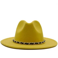 women men wide brim wool felt jazz fedora hats panama style cowboy trilby party formal dress hat large size yellow white