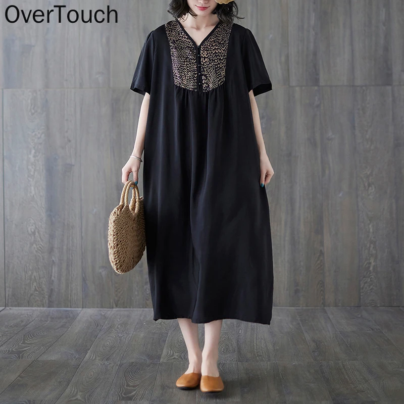 

2021 Plus Size Summer Dress Vintage Elegant Lady Vestidos Sundress Casual Women Print Pockets Cotton Long Dress Black