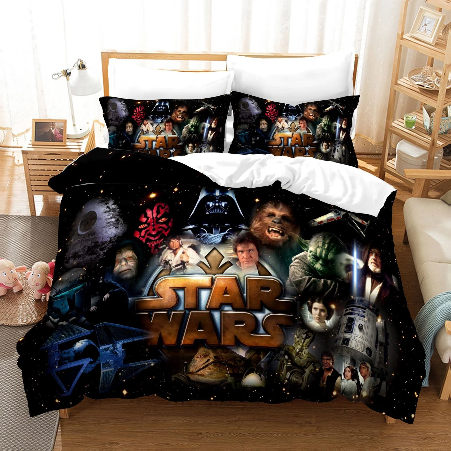 Juego de cama de dibujos animados de Disney para niños, funda de almohada con diseño de Star Wars, decoración de dormitorio individual, Queen y King