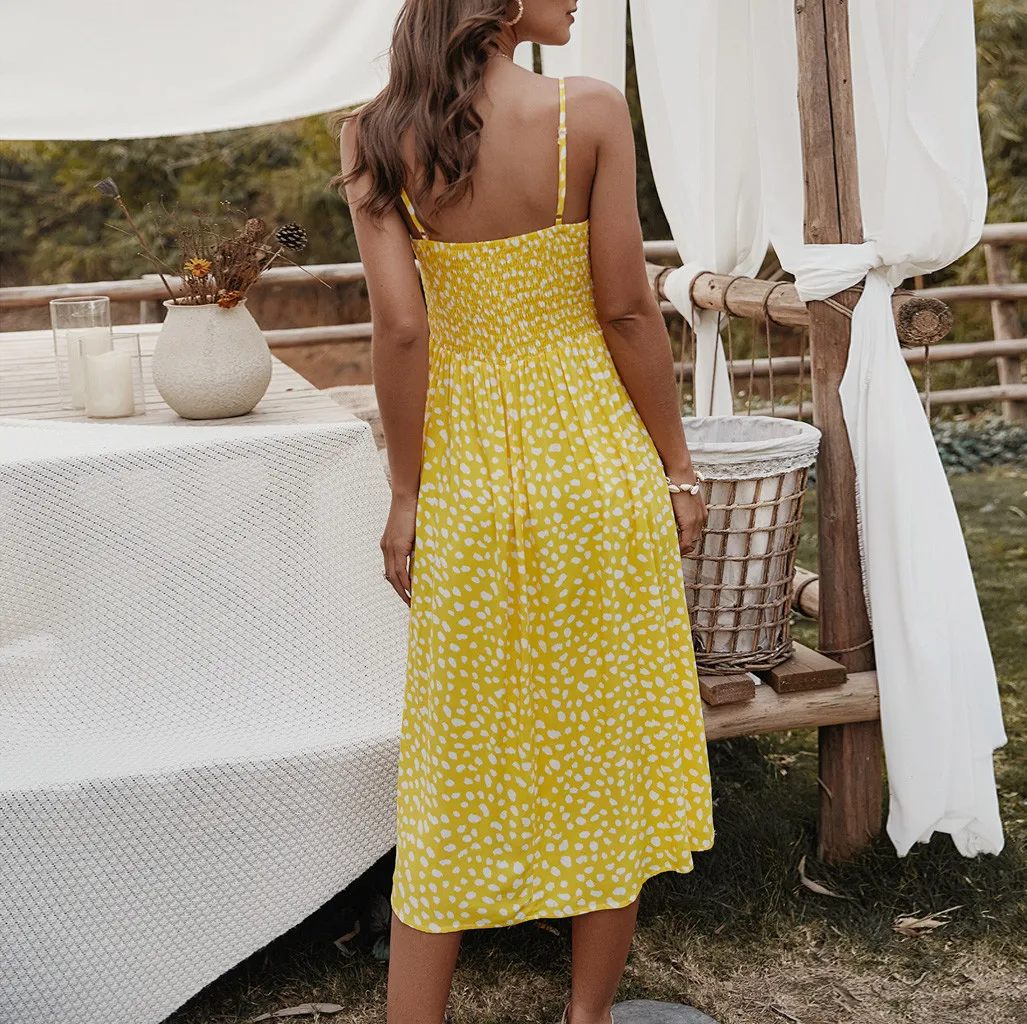 

Summer Dresses 2020 Women Spaghetti Strap V Neck Sleeveless Midi Dress Casual Polka Dot Pockets Boho Beach Dress Vestidos Robes