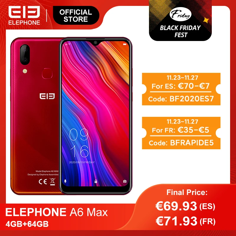 Elephone A6 MAX мобильных телефонов MT6762V 4 Гб 64 6 53 ''Экран 20MP Фронтальная камера