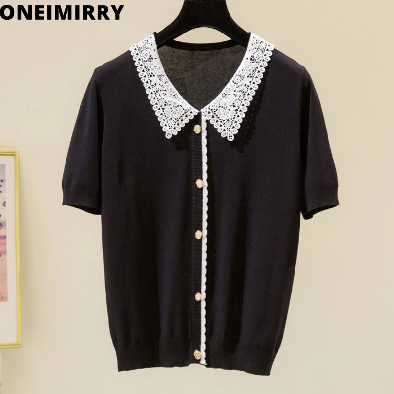 

Oneimirry Lace Stitching Black Knitted Tops Women T Shirts Summer Thin Soft Plus Size Clothes Elegant Lady Office Wear Tshirt