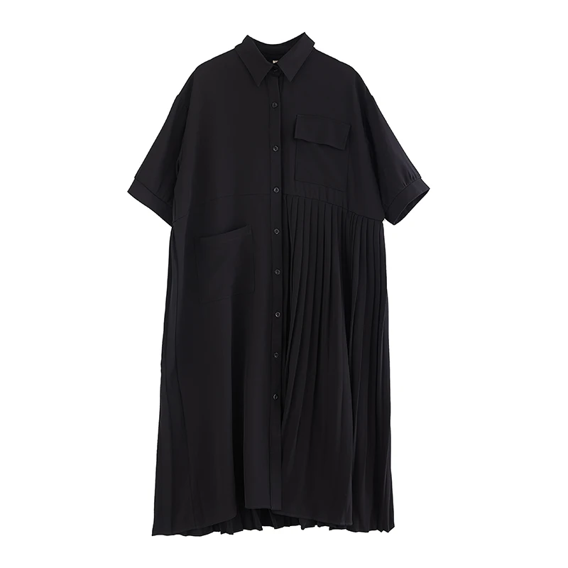 

COIGARSAM Vintage Women dress New Summer Dresses Black Pleated 3196