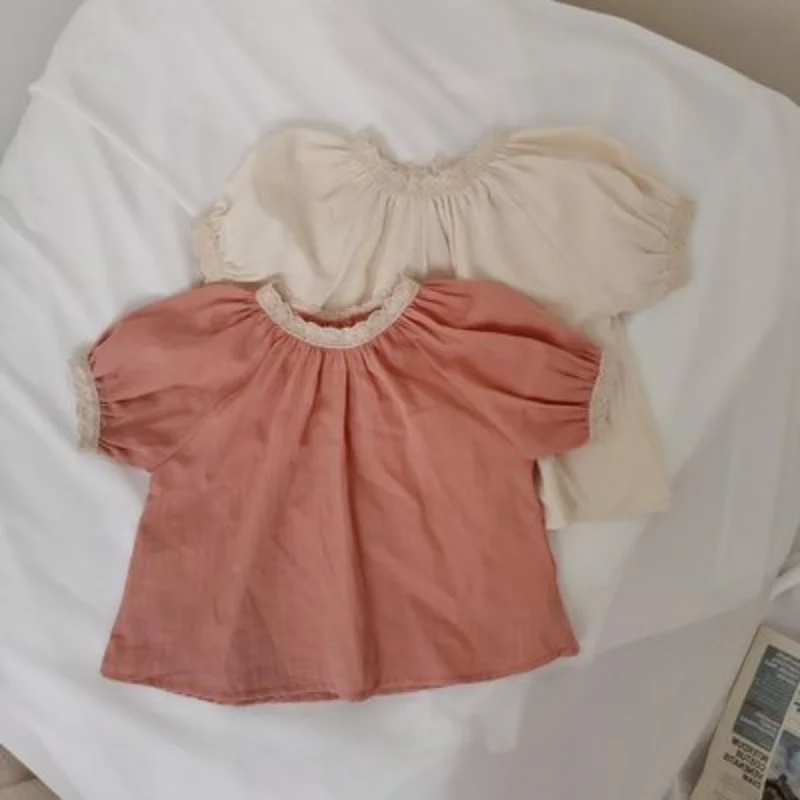 

Новинка лета 2021, Однотонные блузки в Корейском стиле для маленьких девочек, кружевные топы с пышными рукавами, свободные повседневные Детск...