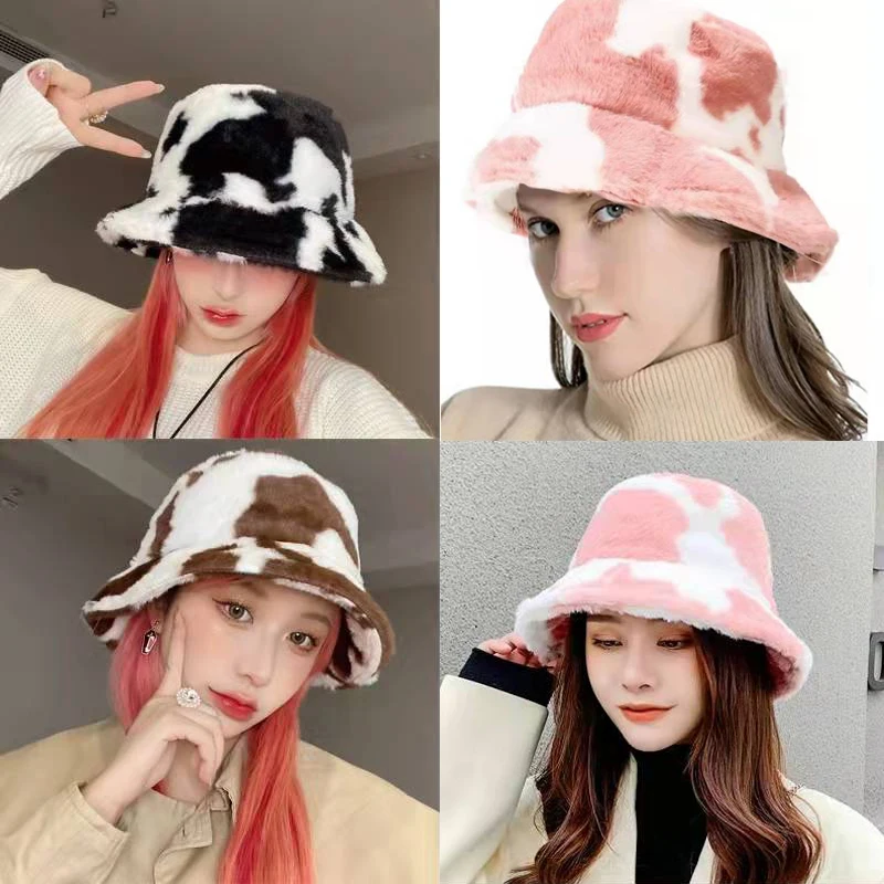 New Winter Cow Print Hat Soft Velvet Furry Bucket Hats for Women Outdoor Warm Girl Fashion Panama Fisherman Cap Female | Аксессуары для