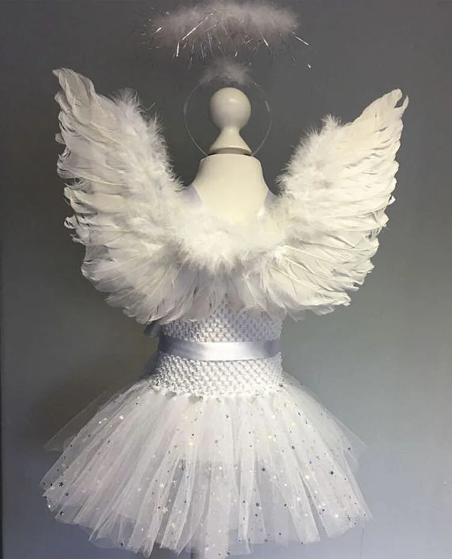 Блестящее платье пачка ангела белое с перьями и крыльями нарядное детское костюм