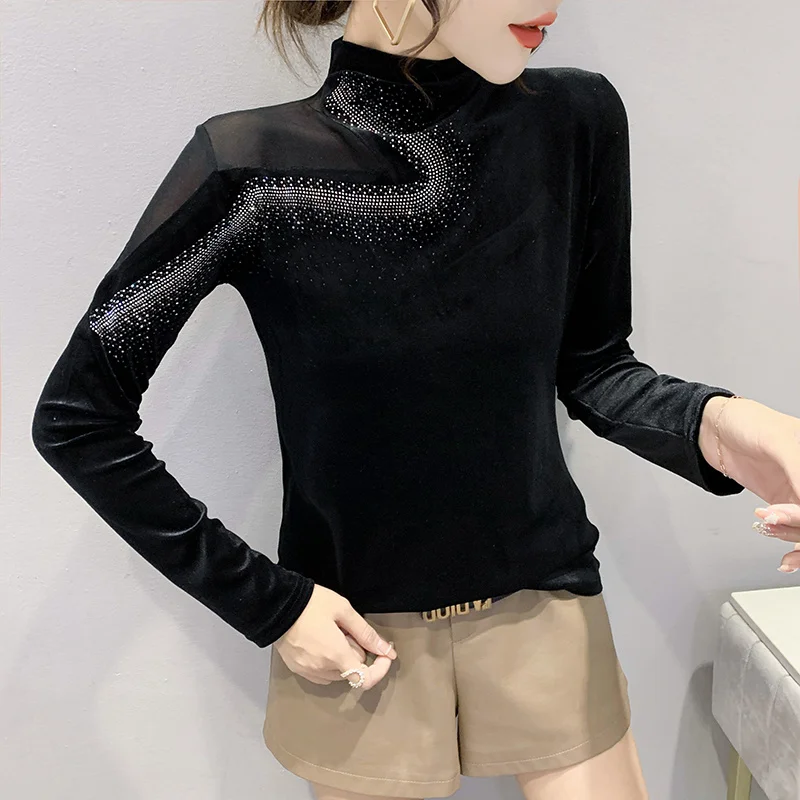 

Базовая бархатная футболка #9007, Женская облегающая сетчатая Сексуальная водолазка со стразами, женская футболка с длинным рукавом, весна-ос...