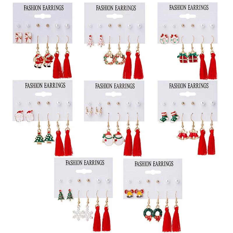 

6Pair/Set Pearl Tassel Christmas Earring Fashion Snowflake Tree Female Child Xmas Jewelry Accessories Party Gift