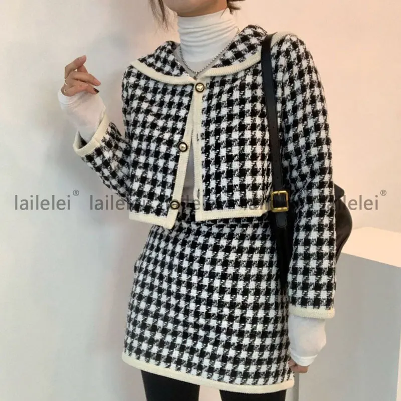 

Houndstooth Turn-down Collar Tweed Crop Coat+Patchwork Mini Skirt Womens Two Piece Sets 2021 Spring Fall Plaid Korean Style Suit