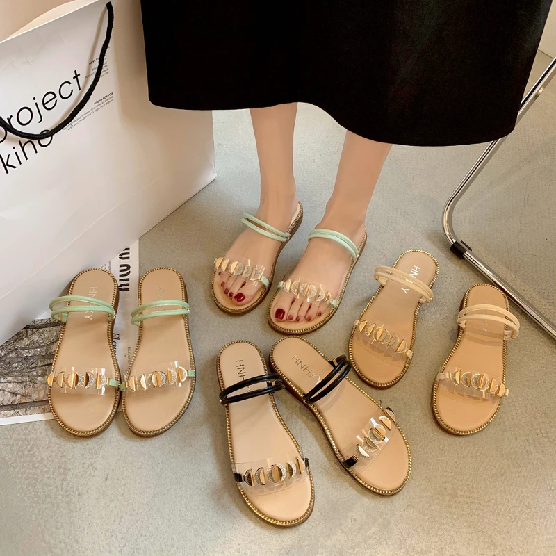 

Slippers Casual Rivet Low Shoes Woman 2021 Transparent Heel Pantofle Luxury Flat New Rome Rubber PU Bling Slides Scandals Basic