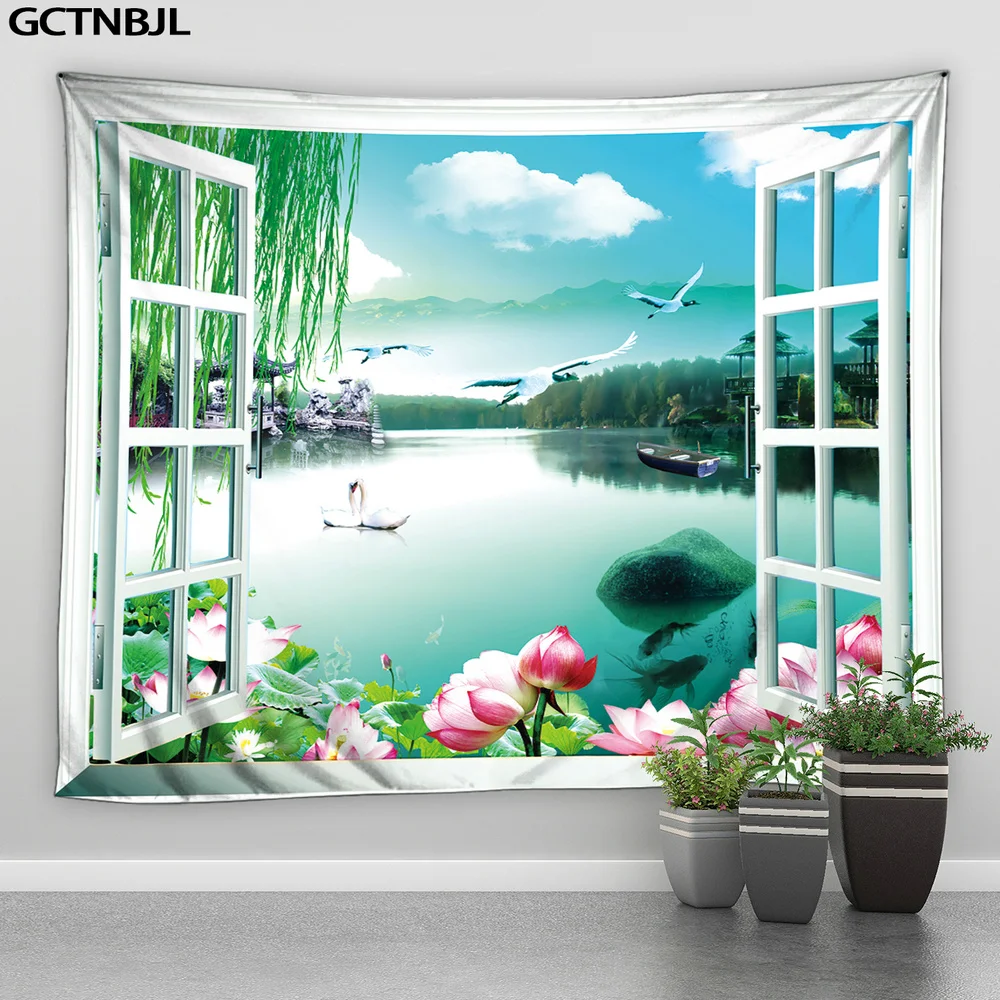 Гобелен с пейзажем Window озеро природный пейзаж Зимний лес Лондон Биг Бен