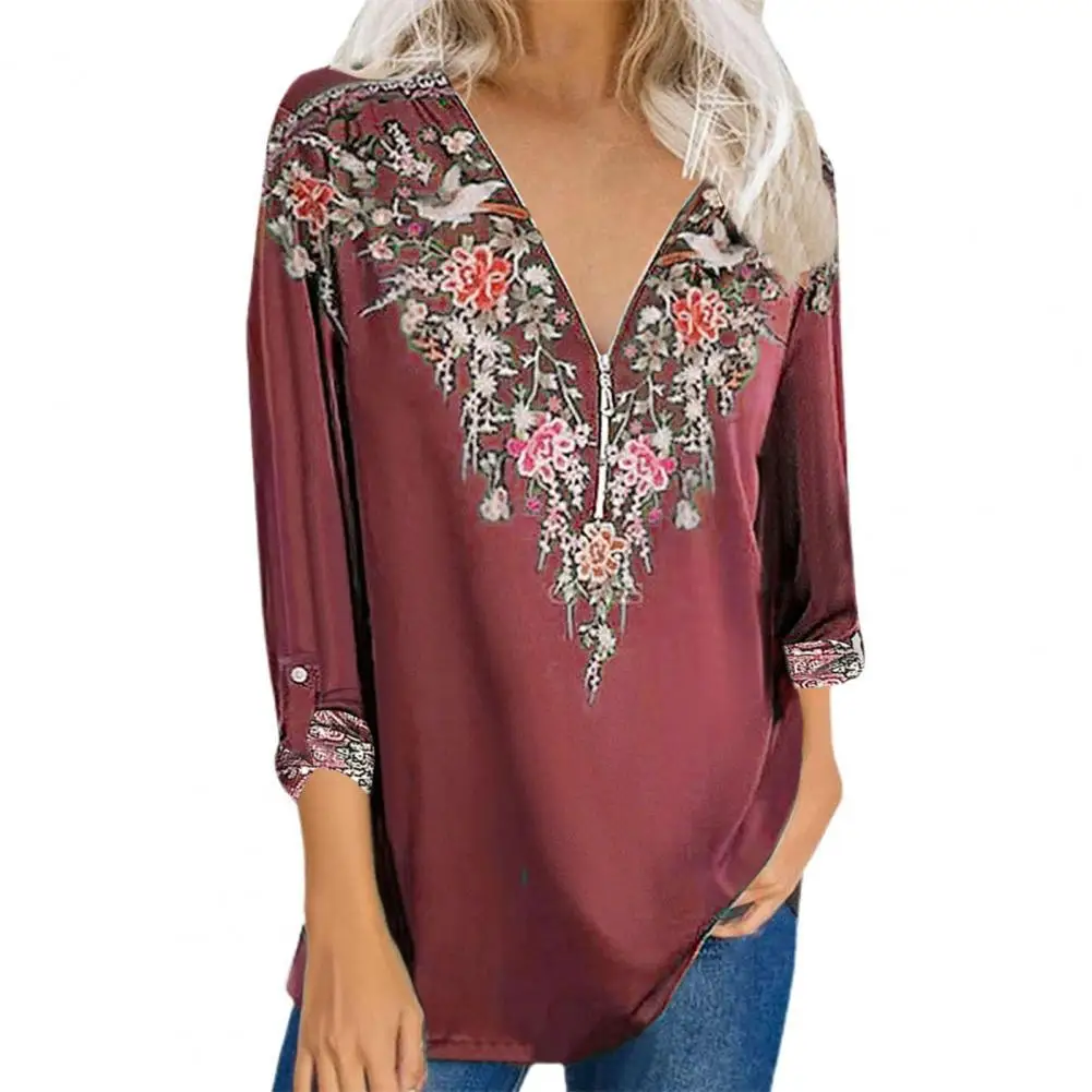 

Ele-choices S-3XL Autumn Blouse Ethnic Print V Neck Women Loose Long Sleeve Zipper Pullover Top Streetwear for Daily